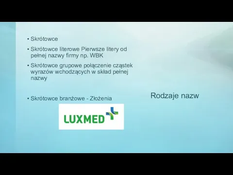 Rodzaje nazw Skrótowce Skrótowce literowe Pierwsze litery od pełnej nazwy