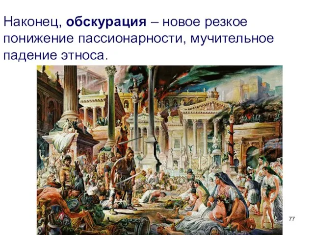 Наконец, обскурация – новое резкое понижение пассионарности, мучительное падение этноса.