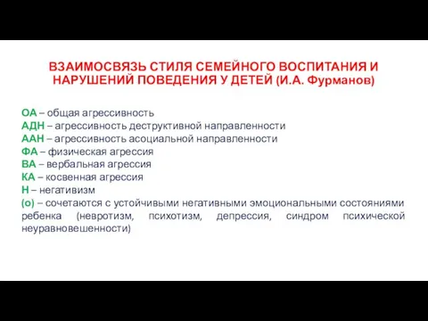 ВЗАИМОСВЯЗЬ СТИЛЯ СЕМЕЙНОГО ВОСПИТАНИЯ И НАРУШЕНИЙ ПОВЕДЕНИЯ У ДЕТЕЙ (И.А. Фурманов) ОА –