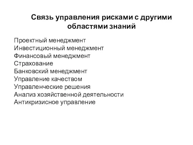 Связь управления рисками с другими областями знаний Проектный менеджмент Инвестиционный