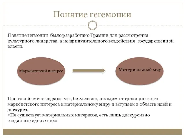 Понятие гегемонии Понятие гегмонии было разработано Грамши для рассмотрения культурного