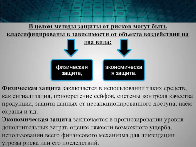 В целом методы защиты от рисков могут быть классифицированы в