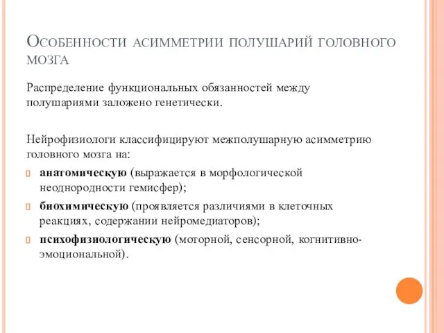 Особенности асимметрии полушарий головного мозга Распределение функциональных обязанностей между полушариями