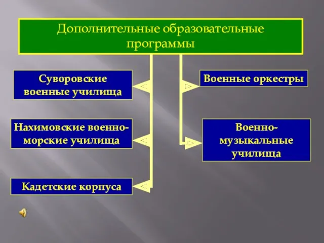 Дополнительные образовательные программы Суворовские военные училища Нахимовские военно-морские училища Кадетские корпуса Военные оркестры Военно-музыкальные училища