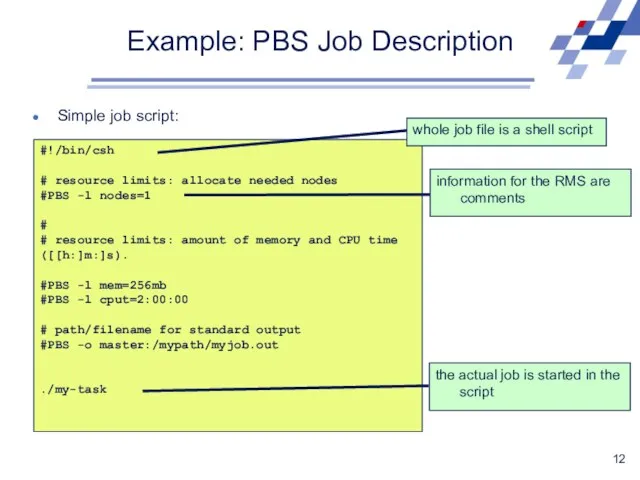 Example: PBS Job Description Simple job script: #!/bin/csh # resource limits: allocate needed