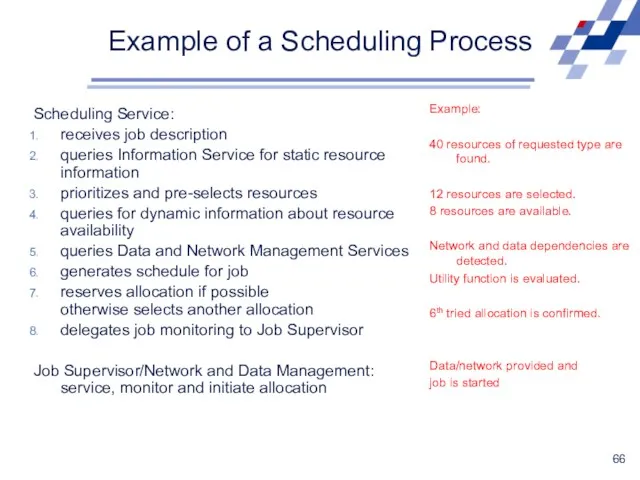 Example of a Scheduling Process Scheduling Service: receives job description queries Information Service