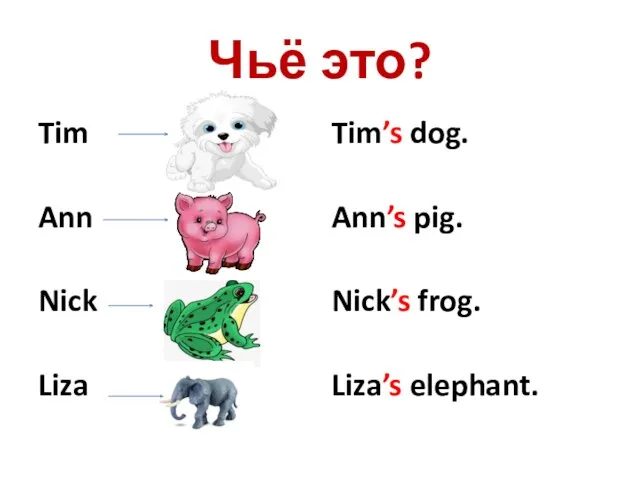 Чьё это? Tim’s dog. Ann’s pig. Nick’s frog. Liza’s elephant. Tim Ann Nick Liza