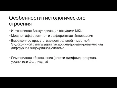 Особенности гистологического строения Интенсивная Васкуляризация сосудами МКЦ Мощная афферентная и