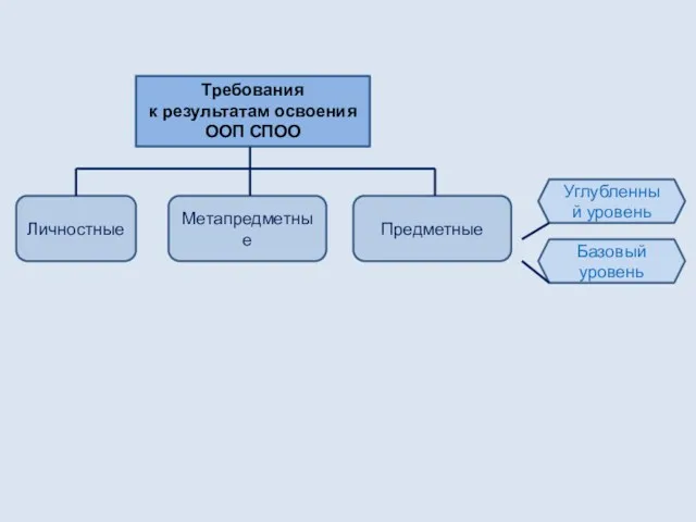 Требования к результатам освоения ООП СПОО Метапредметные Предметные Личностные Углубленный уровень Базовый уровень