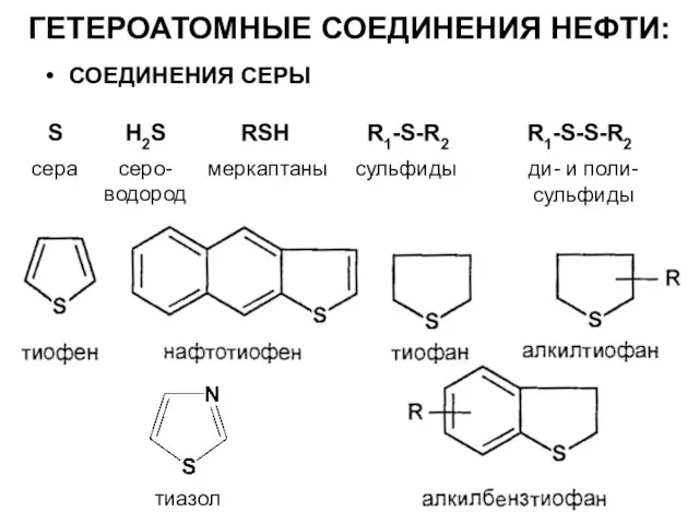 S H2S RSH R1-S-R2 R1-S-S-R2 сера серо- водород меркаптаны сульфиды