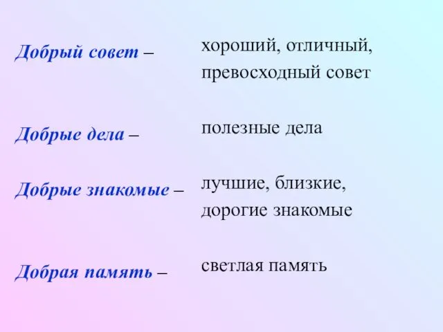 Добрый совет – Добрые дела – Добрые знакомые – Добрая память – хороший,