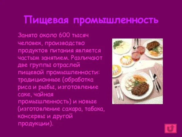 Пищевая промышленность Занято около 600 тысяч человек, производство продуктов питания