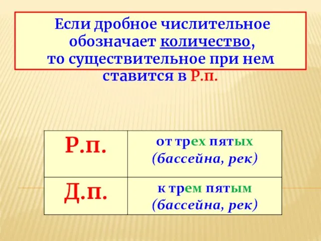 Если дробное числительное обозначает количество, то существительное при нем ставится в Р.п.