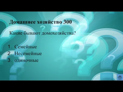 Домашнее хозяйство 300 Какие бывают домохозяйства? Семейные Несемейные одиночные