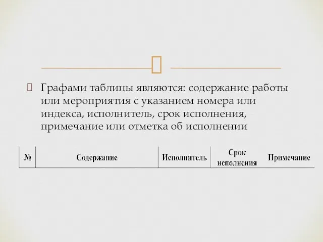 Графами таблицы являются: содержание работы или мероприятия с указанием номера