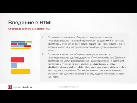 Введение в HTML Строчные и блочные элементы WWW.ITEDUCATE.COM.UA Строчные элементы
