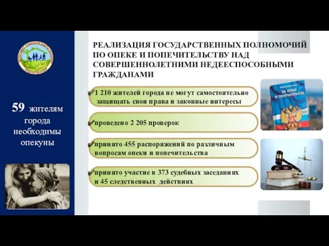 59 жителям города необходимы опекуны РЕАЛИЗАЦИЯ ГОСУДАРСТВЕННЫХ ПОЛНОМОЧИЙ ПО ОПЕКЕ