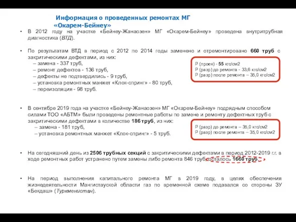 В 2012 году на участке «Бейнеу-Жанаозен» МГ «Окарем-Бейнеу» проведена внутритрубная