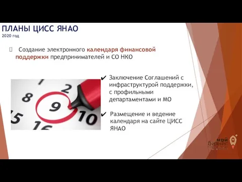 ПЛАНЫ ЦИСС ЯНАО 2020 год Создание электронного календаря финансовой поддержки