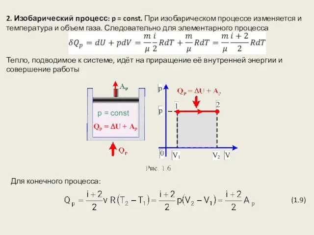 2. Изобарический процесс: p = const. При изобарическом процессе изменяется