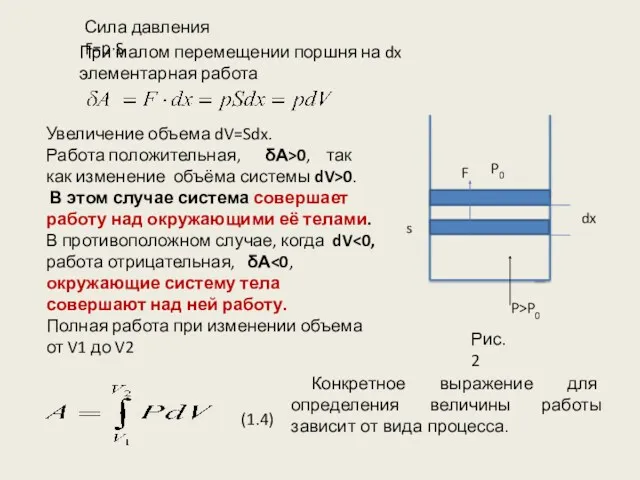 dx s P0 F P>P0 Увеличение объема dV=Sdx. Работа положительная,