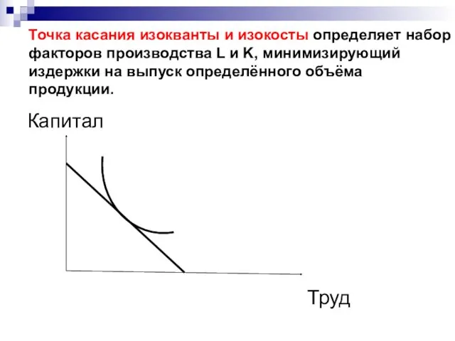 Точка касания изокванты и изокосты определяет набор факторов производства L