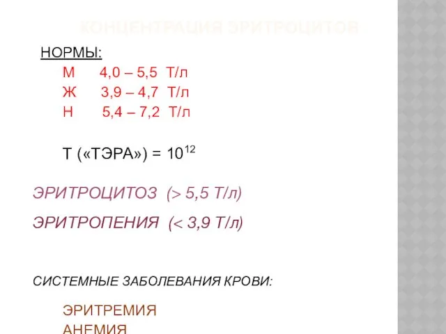 КОНЦЕНТРАЦИЯ ЭРИТРОЦИТОВ НОРМЫ: М 4,0 – 5,5 Т/л Ж 3,9