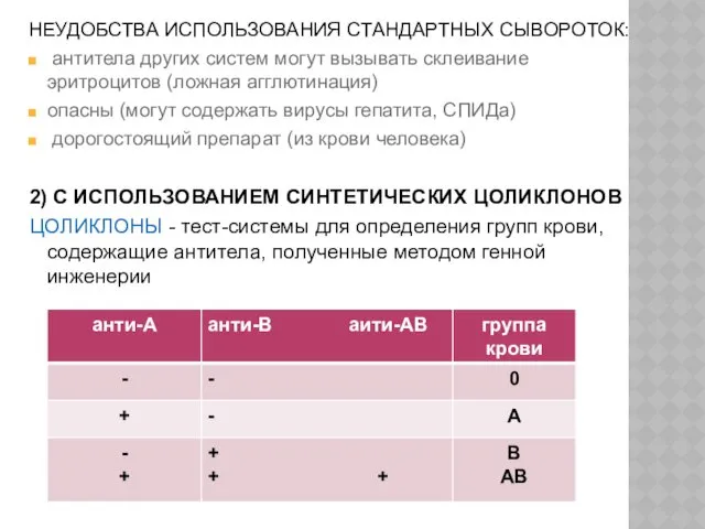 НЕУДОБСТВА ИСПОЛЬЗОВАНИЯ СТАНДАРТНЫХ СЫВОРОТОК: антитела других систем могут вызывать склеивание