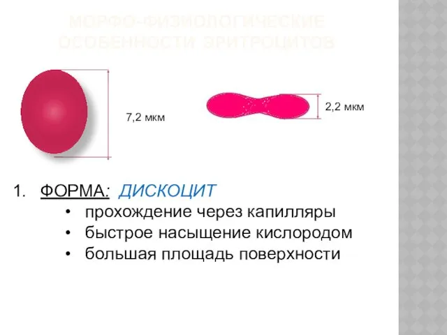 МОРФО-ФИЗИОЛОГИЧЕСКИЕ ОСОБЕННОСТИ ЭРИТРОЦИТОВ 7,2 мкм 2,2 мкм ФОРМА: ДИСКОЦИТ прохождение