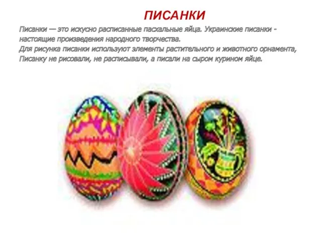 ПИСАНКИ Писанки — это искусно расписанные пасхальные яйца. Украинские писанки