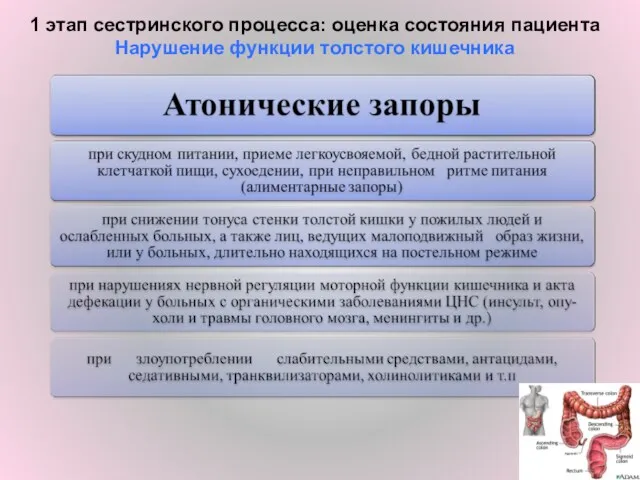 1 этап сестринского процесса: оценка состояния пациента Нарушение функции толстого кишечника