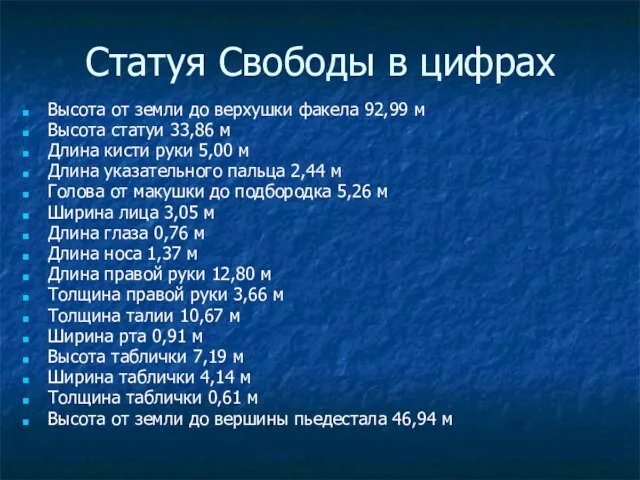 Статуя Свободы в цифрах Высота от земли до верхушки факела