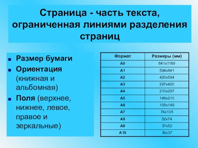 Страница - часть текста, ограниченная линиями разделения страниц Размер бумаги