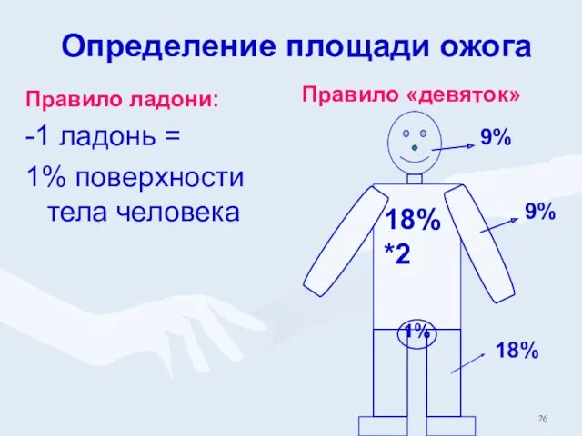 Определение площади ожога Правило ладони: -1 ладонь = 1% поверхности