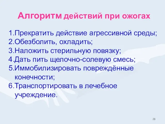 Алгоритм действий при ожогах 1.Прекратить действие агрессивной среды; 2.Обезболить, охладить;