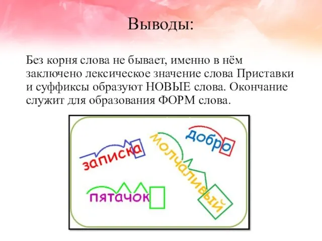 Выводы: Без корня слова не бывает, именно в нём заключено лексическое значение слова