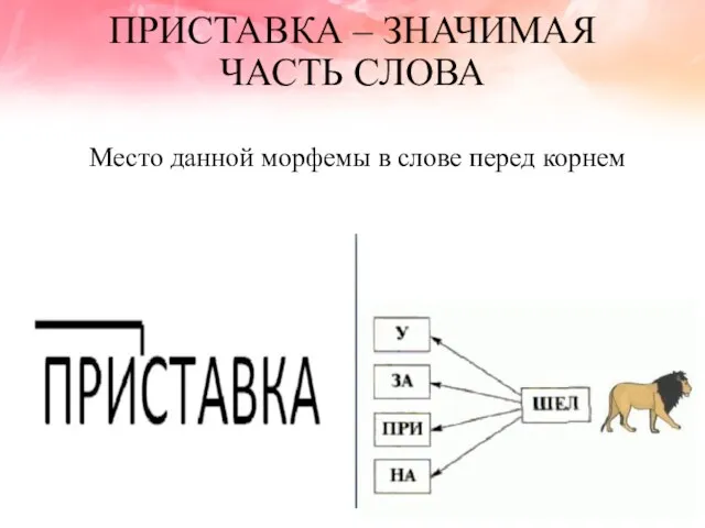 ПРИСТАВКА – ЗНАЧИМАЯ ЧАСТЬ СЛОВА Место данной морфемы в слове перед корнем