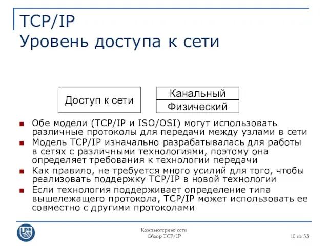 Компьютерные сети Обзор TCP/IP из 33 TCP/IP Уровень доступа к