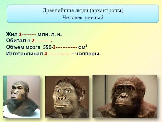 Жил 1--------- млн. л. н. Обитал в 2----------. Объем мозга