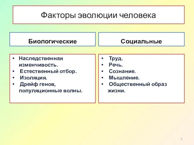 Факторы эволюции человека Биологические Наследственная изменчивость. Естественный отбор. Изоляция. Дрейф