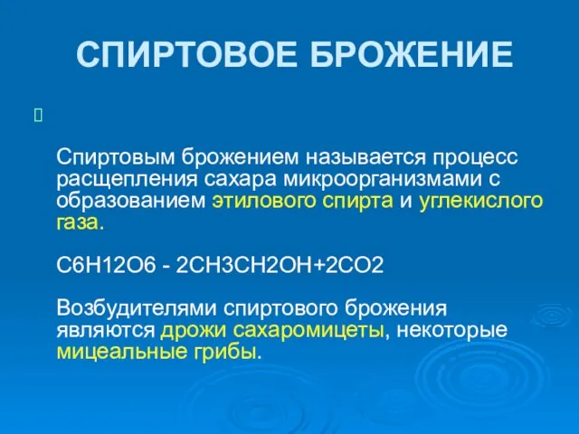 СПИРТОВОЕ БРОЖЕНИЕ Спиртовым брожением называется процесс расщепления сахара микроорганизмами с образованием этилового спирта