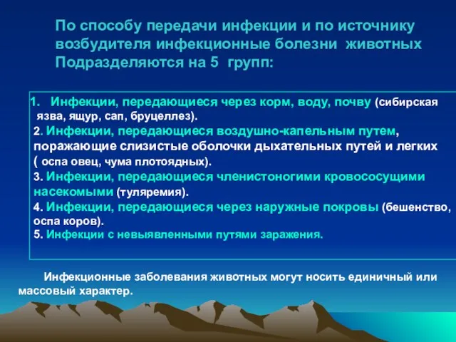 По способу передачи инфекции и по источнику возбудителя инфекционные болезни животных Подразделяются на