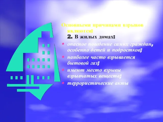 Основными причинами взрывов являются: 2. В жилых домах: опасное поведение