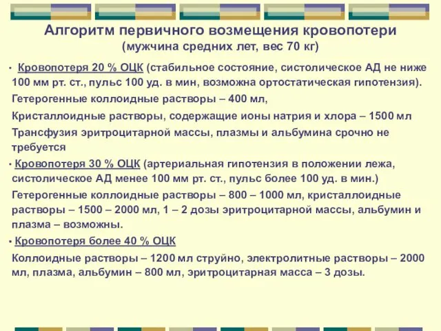 Алгоритм первичного возмещения кровопотери (мужчина средних лет, вес 70 кг) Кровопотеря 20 %