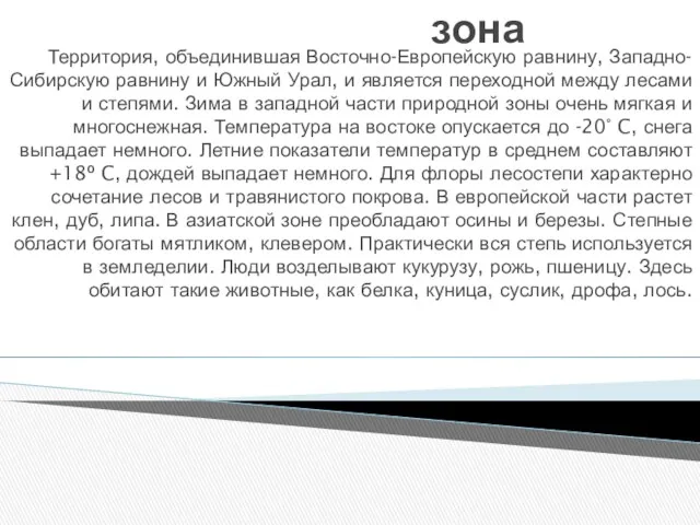 Лесостепная зона Территория, объединившая Восточно-Европейскую равнину, Западно-Сибирскую равнину и Южный