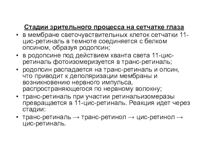 Стадии зрительного процесса на сетчатке глаза в мембране светочувствительных клеток