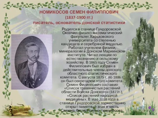 НОМИКОСОВ СЕМЕН ФИЛИППОВИЧ (1837-1900 гг.) писатель, основатель донской статистики Родился в станице Гундоровской.