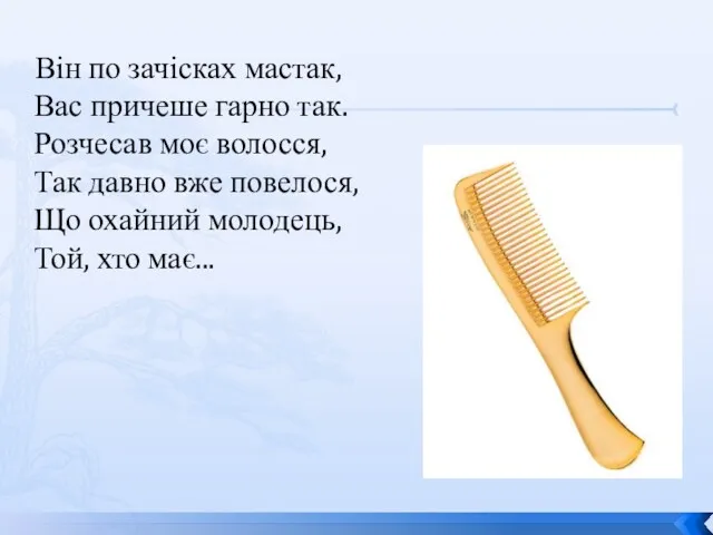 Він по зачісках мастак, Вас причеше гарно так. Розчесав моє