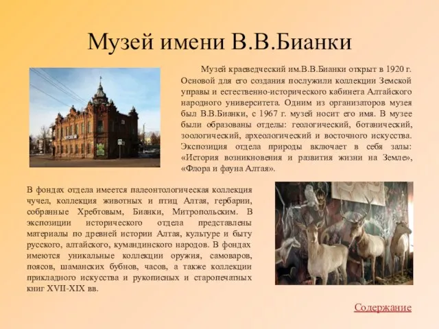 Музей имени В.В.Бианки Музей краеведческий им.В.В.Бианки открыт в 1920 г. Основой для его