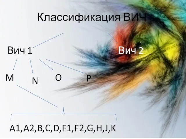 Классификация ВИЧ Вич 1 Вич 2 M N O A1,A2,B,C,D,F1,F2,G,H,J,K P